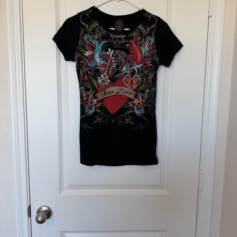 Vocal Black Tee with Heart and Bird Design